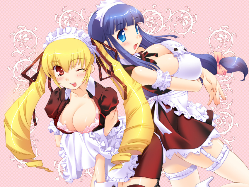 2girls :d ;d apron arm_garter armband ass ass-to-ass back-to-back bangs blonde_hair blue_eyes blue_hair blunt_bangs blush bow bra breast_hold breasts checkered checkered_background cleavage drill_hair erect_nipples frills fuutou_shizune garter_belt garter_straps hair_bow hair_ribbon high_heels highres huge_breasts karen_(artist) large_breasts leaning_forward leg_lift lingerie long_hair looking_at_viewer looking_back maid maid_apron maid_cap maid_headdress multiple_girls one_eye_closed open_mouth oshioki_sweetie pink_bra ponytail red_eyes ribbon shinmeiji_rinn shiny shiny_hair shoes sideboob sidelocks smile standing standing_on_one_leg thigh-highs twin_drills twintails underwear waist_apron wallpaper wink wrist_cuffs zettai_ryouiki