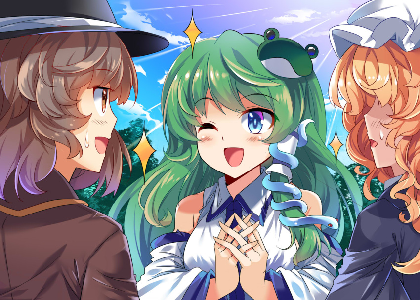 3girls ;d bare_shoulders blonde_hair blue_eyes blush brown_eyes brown_hair day detached_sleeves e.o. fedora frog_hair_ornament green_hair hair_ornament hair_tubes hands_clasped hat japanese_clothes kochiya_sanae long_hair long_sleeves looking_at_another maribel_hearn miko mob_cap multiple_girls one_eye_closed open_mouth outdoors short_hair smile snake_hair_ornament sparkle sunlight touhou upper_body usami_renko wide_sleeves