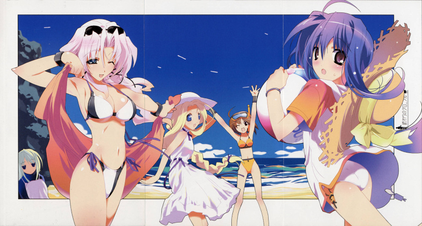 5girls :d :o ;d age_difference ahoge armpits arms_up ass ball bangs bare_shoulders beach beachball bikini bikini_under_clothes black_bikini blonde_hair blue_eyes blue_hair bow braid breasts brown_hair cleavage clouds copyright_name crease deana_zounburuku diana_zonburg diving_mask_on_head drawstring dress embarrassed floating_hair gradient_hair green_hair hair_between_eyes halterneck hat hat_bow hat_removed headwear_removed highres hood hood_down hoodie kazami_chisato large_breasts logo long_hair mikage mikage_(owari_no_chronicle) multicolored_hair multiple_girls navel ocean one_eye_closed open_mouth orange_bikini outdoors outstretched_arm owari_no_chronicle parted_bangs raglan_sleeves rock sarong satoyasu scan shibyure shinjou_sadagiri short_hair side-tie_bikini sideboob single_braid sky small_breasts smile snorkel standing straw_hat string_bikini sun_hat sundress sunglasses sunglasses_on_head surprised sweatdrop swimsuit swimsuit_under_clothes turtleneck under_boob very_long_hair violet_eyes water white_bikini white_hair white_swimsuit wristband