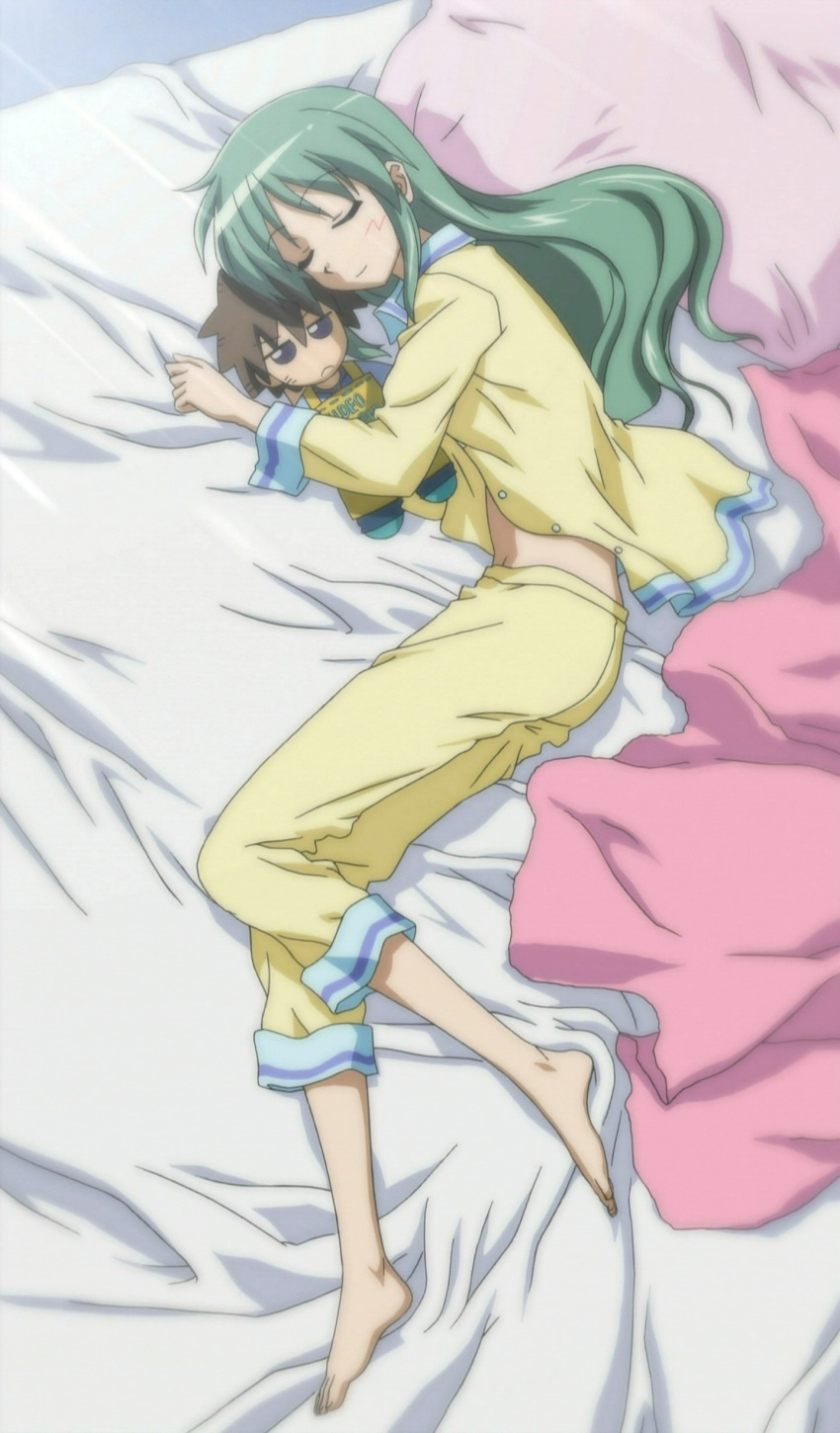 absurdres barefoot bed doll green_hair hayate_no_gotoku! highres kijima_saki long_hair pajamas scan sleeping tachibana_wataru