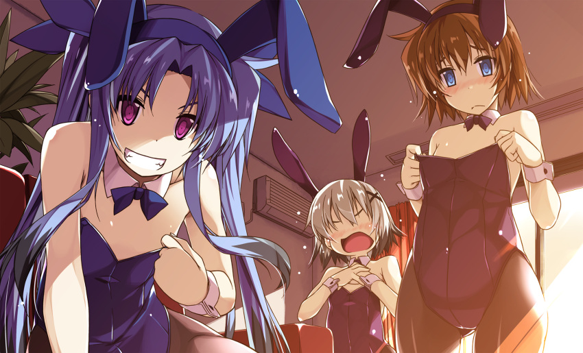 3girls animal_ears backlighting bare_shoulders blue_eyes blue_hair blush bow breasts brown_hair bunny_girl bunnysuit closed_mouth couch curtains dark_persona detached_collar embarrassed fake_animal_ears flat_chest grin hair_ornament hair_ribbon highres indoors long_hair looking_at_viewer lyrical_nanoha mahou_shoujo_lyrical_nanoha mahou_shoujo_lyrical_nanoha_a's mahou_shoujo_lyrical_nanoha_a's_portable:_the_battle_of_aces material-d material-l material-s multiple_girls no_eyes open_mouth pantyhose rabbit_ears ribbon shikei shiny shiny_hair short_hair silver_hair sitting smile standing teeth twintails violet_eyes wrist_cuffs x_hair_ornament