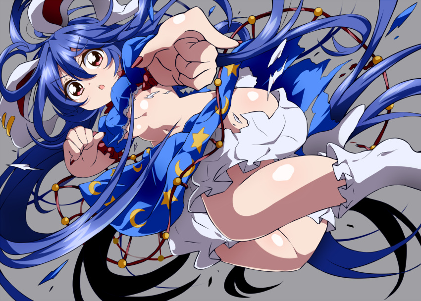 1girl animal_ears bloomers blue_dress blue_hair bobby_socks breasts bunny_tail bwell dress long_hair midriff navel pointing puffy_short_sleeves puffy_sleeves rabbit_ears red_eyes seiran_(touhou) short_dress short_sleeves socks tail torn_clothes torn_dress touhou under_boob underwear very_long_hair