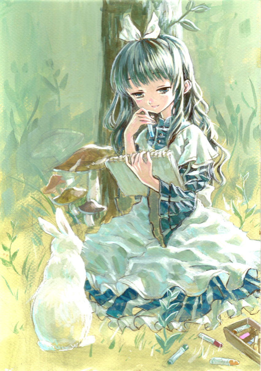1girl absurdres ama-tou animal bangs black_hair blue_eyes blunt_bangs bow buttons collar drawing dress frills grass hair_bow highres juliet_sleeves light_smile long_hair long_sleeves mushroom nostrils notebook original outdoors pink_lips puffy_sleeves rabbit shiny shiny_hair sitting striped traditional_media tree vertical-striped_dress vertical_stripes wavy_hair wide_sleeves