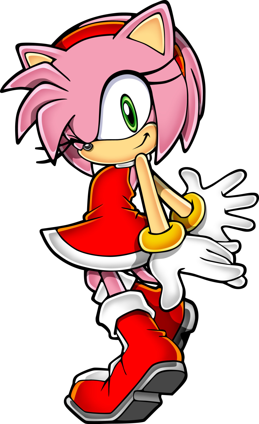 amy_rose arms_out boots bracelets dress full_body furry gloves green_eyes headband no_humans official_artwork pink_hair sega short_hair small_breasts smile tagme winking