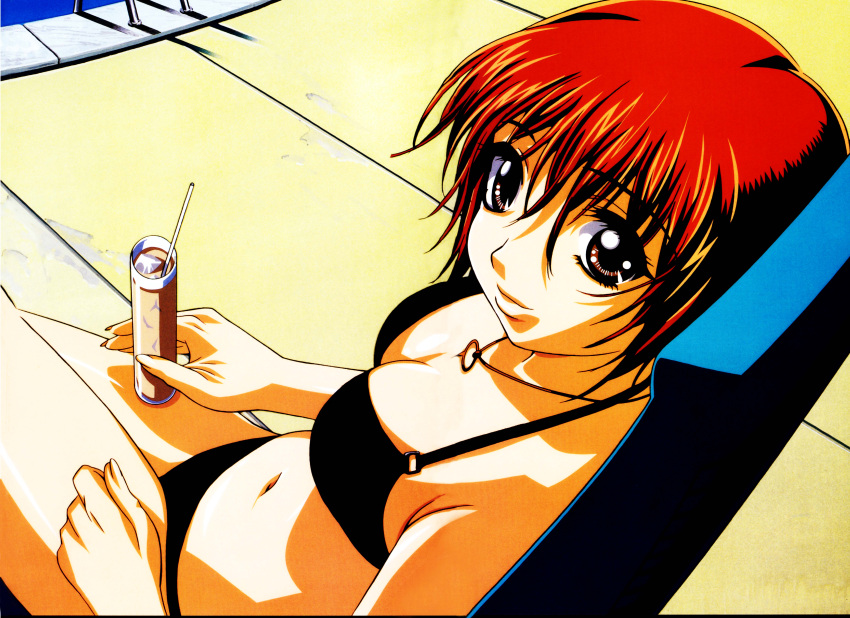 00s 1girl absurdres bikini black_bikini breasts can chains cleavage drink eclair_(kiddy_grade) from_above gotoh gotou_keiji highres keiji kiddy_grade light_smile looking_at_viewer looking_up pool pool_ladder poolside shadow sitting solo swimsuit