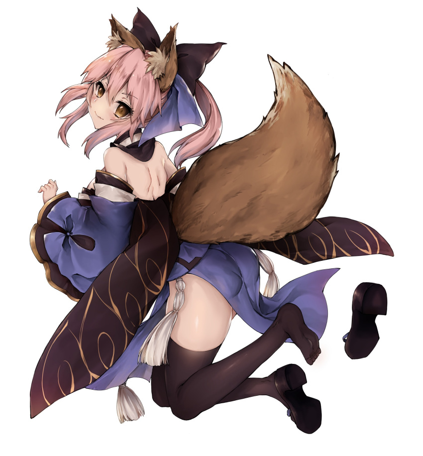 &gt;:) 1girl animal_ears ass back black_legwear blush bow detached_sleeves fang fate/extra fate_(series) fox_ears fox_tail from_behind full_body hair_between_eyes hair_bow hair_ribbon highres japanese_clothes legs_up light_smile looking_at_viewer looking_back pink_hair ponytail ribbon ryuuji_teitoku shoes sidelocks simple_background single_shoe solo tail tamamo_(fate)_(all) tamamo_no_mae_(fate) thigh-highs white_background wide_sleeves yellow_eyes