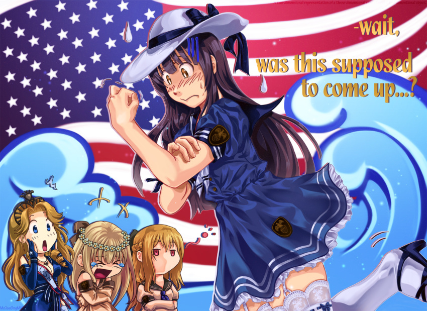&gt;o&lt; ++ /\/\/\ 4girls american_flag black_hair blonde_hair blue_dress blue_eyes blush bras_d'honneur breasts bridal_gauntlets brown_eyes cleavage dress elbow_gloves flower garter_straps gloves gochuumon_wa_usagi_desu_ka? hair_flower hair_ornament hair_ribbon hands_on_own_cheeks hands_on_own_face hat iowa_(pacific) jitome kantai_collection lace lace-trimmed_thighhighs long_hair melisaongmiqin middle_finger multiple_girls new_jersey_(pacific) no_mouth open_mouth pacific parody red_eyes ribbon ribbon-trimmed_legwear ribbon_trim sailor_dress silver_hair sun_hat surprised sweatdrop tears thigh-highs tiara uss_missouri_(bb-63) uss_wisconsin_(bb-64) waves