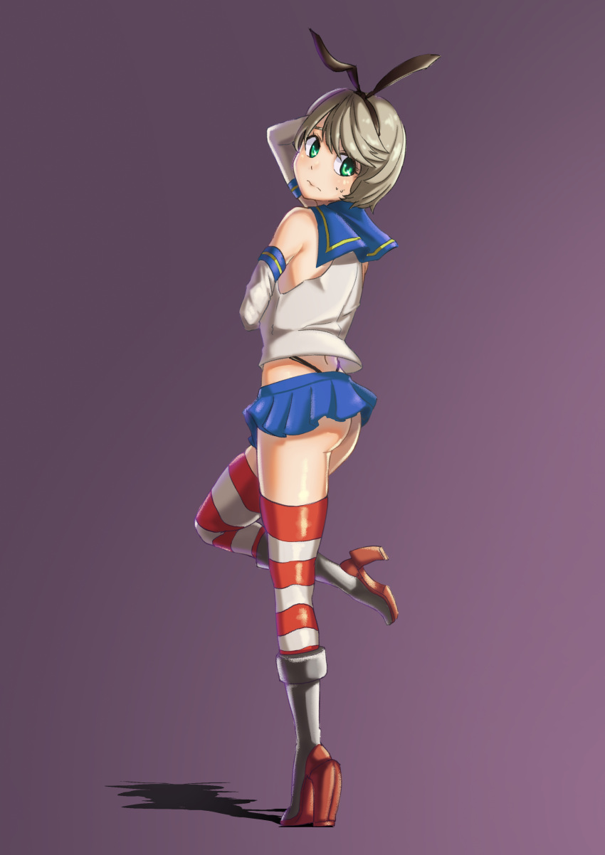1boy absurdres arm_up ass bangs bare_shoulders black_panties blonde_hair boots brown_hair closed_mouth cosplay elbow_gloves eyelashes from_behind full_body gloves green_eyes grey_boots hair_ornament hairband hand_on_own_head high_heel_boots high_heels highleg highleg_panties highres kantai_collection knee_boots leg_up looking_at_viewer looking_back male_focus microskirt miniskirt nuritonioan one_leg_raised panties pleated_skirt purple_background red_shoes sailor_collar school_uniform serafuku shimakaze_(kantai_collection) shimakaze_(kantai_collection)_(cosplay) shirt shoes short_hair simple_background skirt sleeveless sleeveless_shirt standing standing_on_one_leg striped striped_legwear sweatdrop thigh-highs trap underwear white_gloves white_shirt