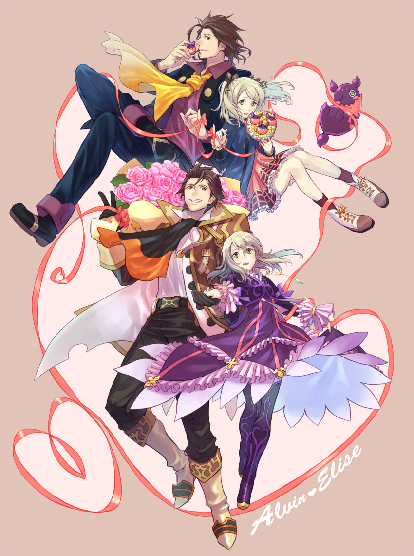 age_comparison alvin_(tales) blonde_hair boots bouquet bow brown_eyes brown_hair character_name creature dress dual_persona elize_lutus flower green_eyes grin hair_ribbon hand_holding heart heart_of_string highres long_hair pinky_out red_string ribbon smile string tales_of_(series) tales_of_xillia tales_of_xillia_2 teepo_(tales) twintails yanagi_kefu