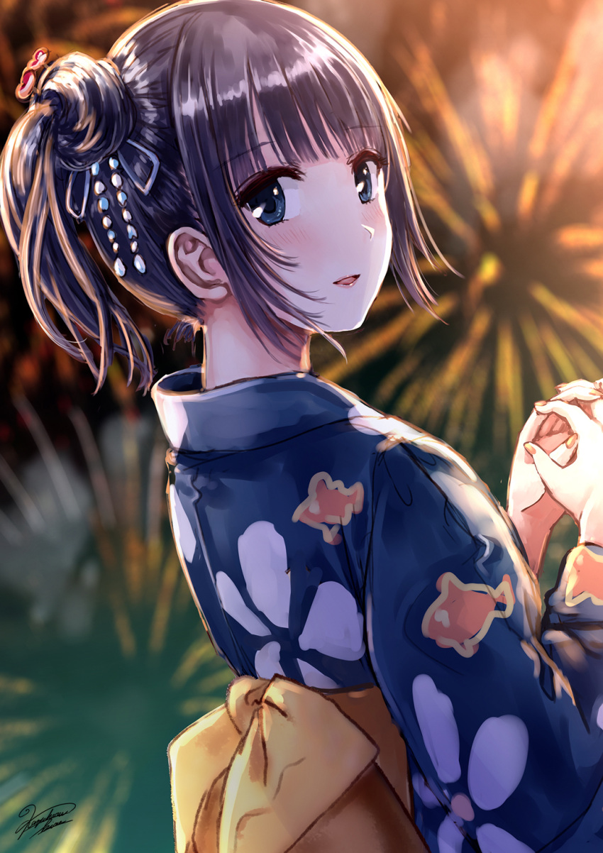 1girl :d animal_print bangs blue_eyes blue_kimono blunt_bangs blurry blurry_background brown_hair eyebrows_visible_through_hair fireworks fish_print grey_ribbon hair_ornament hair_ribbon highres japanese_clothes kazuharu_kina kimono looking_at_viewer looking_back nail_polish obi open_mouth orange_nails original print_kimono ribbon sash shiny shiny_hair signature smile solo tied_hair upper_body yukata