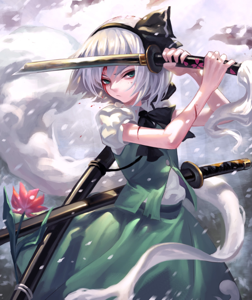 &gt;:( 1girl bare_arms black_bow black_bowtie black_ribbon blood bow bowtie closed_mouth collared_shirt cowboy_shot cuts fkey floral_print frown green_eyes green_skirt green_vest hair_ribbon hairband highres hitodama holding holding_sword holding_weapon injury katana konpaku_youmu konpaku_youmu_(ghost) looking_at_viewer motion_blur petals pink_flower puffy_short_sleeves puffy_sleeves ribbon shade sheath sheathed shirt short_hair short_sleeves silver_hair skirt skirt_set solo sword tassel torn_clothes torn_skirt touhou unsheathed vest wakizashi weapon weapon_on_back white_hair white_shirt