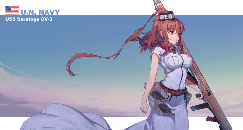 1girl american_flag belt blue_sky breasts buttons cannon character_name closed_mouth clothes_writing cowboy_shot flight_deck grey_hat gun highres holding holding_gun holding_weapon kantai_collection large_breasts lavender_shirt lavender_skirt long_hair long_skirt looking_to_the_side nian pocket ponytail red_scarf redhead saratoga_(kantai_collection) scarf shirt short_sleeves sidelocks skirt sky smile solo standing trigger_discipline turret underbust weapon yellow_eyes