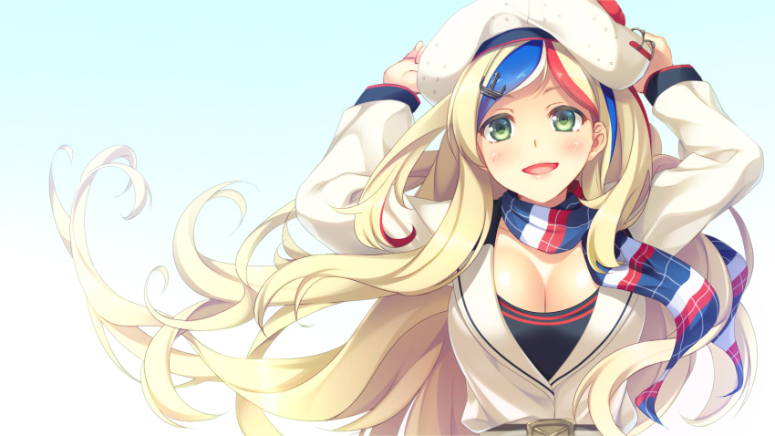 1girl anchor_hair_ornament bangs belt black_hair blonde_hair breasts cleavage commandant_teste_(kantai_collection) commentary_request floating_hair gradient gradient_background green_eyes hair_ornament hat highres holding holding_hat imachireki kantai_collection large_breasts lips long_hair looking_at_viewer multicolored_hair multicolored_scarf open_mouth redhead shiny shiny_skin streaked_hair swept_bangs tongue upper_body wavy_hair white_coat white_hair