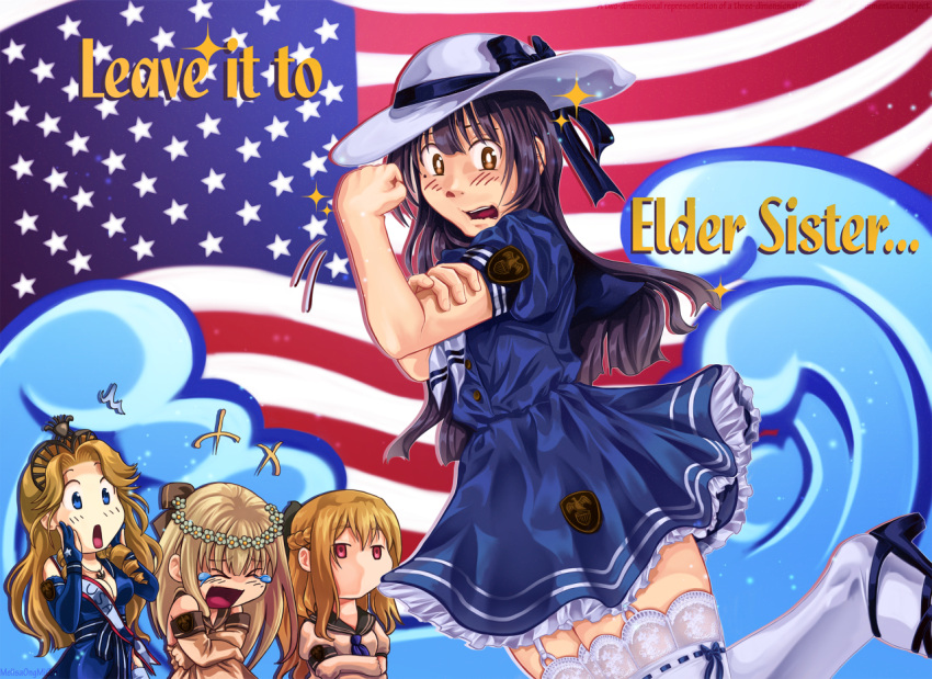 &gt;o&lt; ++ /\/\/\ 4girls american_flag black_hair blonde_hair blue_dress blue_eyes blush bras_d'honneur breasts bridal_gauntlets brown_eyes cleavage dress elbow_gloves flower garter_straps gloves gochuumon_wa_usagi_desu_ka? hair_flower hair_ornament hair_ribbon hands_on_own_cheeks hands_on_own_face hat iowa_(pacific) jitome kantai_collection lace lace-trimmed_thighhighs long_hair looking_at_viewer melisaongmiqin multiple_girls new_jersey_(pacific) no_mouth open_mouth pacific parody red_eyes ribbon ribbon-trimmed_legwear ribbon_trim sailor_dress silver_hair sparkle sun_hat surprised tears thigh-highs tiara uss_missouri_(bb-63) uss_wisconsin_(bb-64) waves