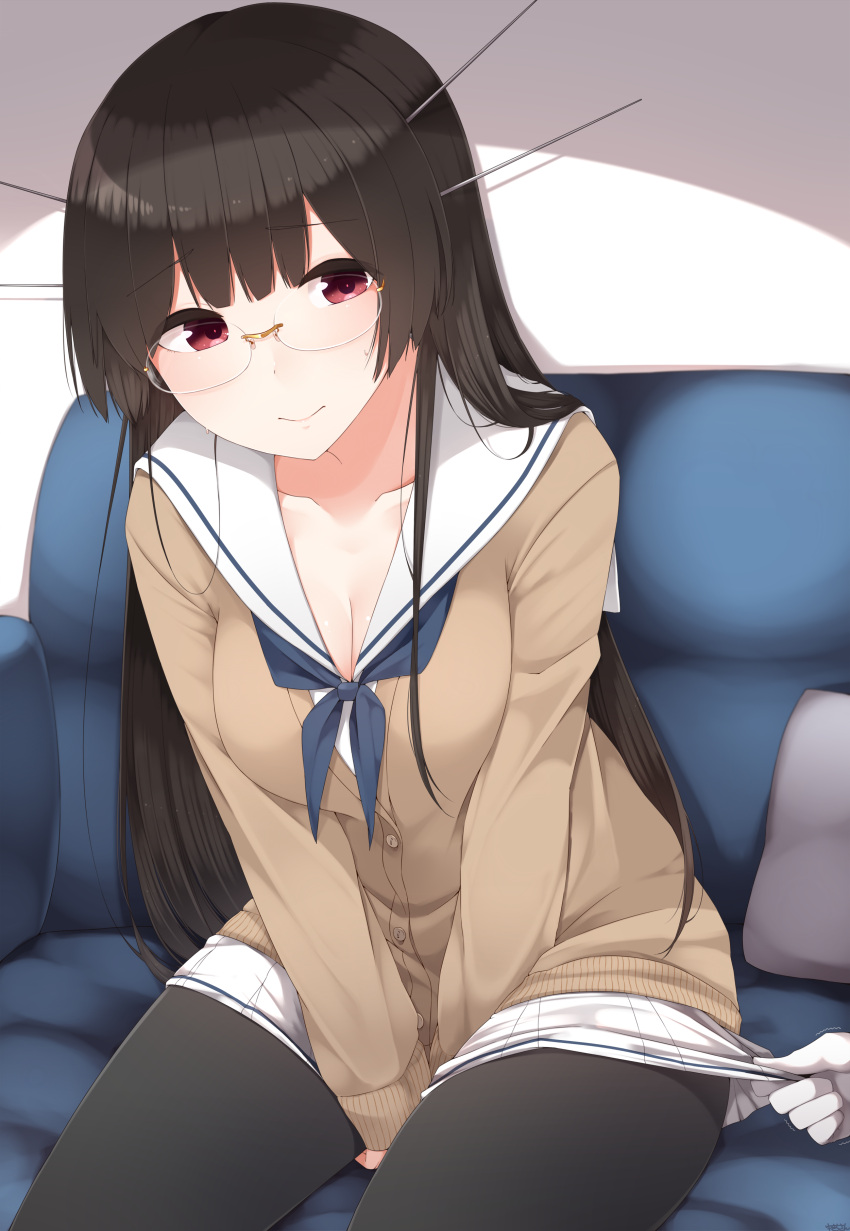 1girl :&gt; absurdres alternate_costume bangs black_hair black_legwear blunt_bangs blush breasts brown_hair cardigan choukai_(kantai_collection) collarbone commentary_request couch glasses gloves hair_ornament highres kantai_collection long_hair looking_at_viewer medium_breasts neckerchief out_of_frame pantyhose pleated_skirt red_eyes rimless_glasses sailor_collar school_uniform serafuku sitting skirt skirt_pull solo sweat v_arms white_gloves white_skirt yukichi_(sukiyaki39)