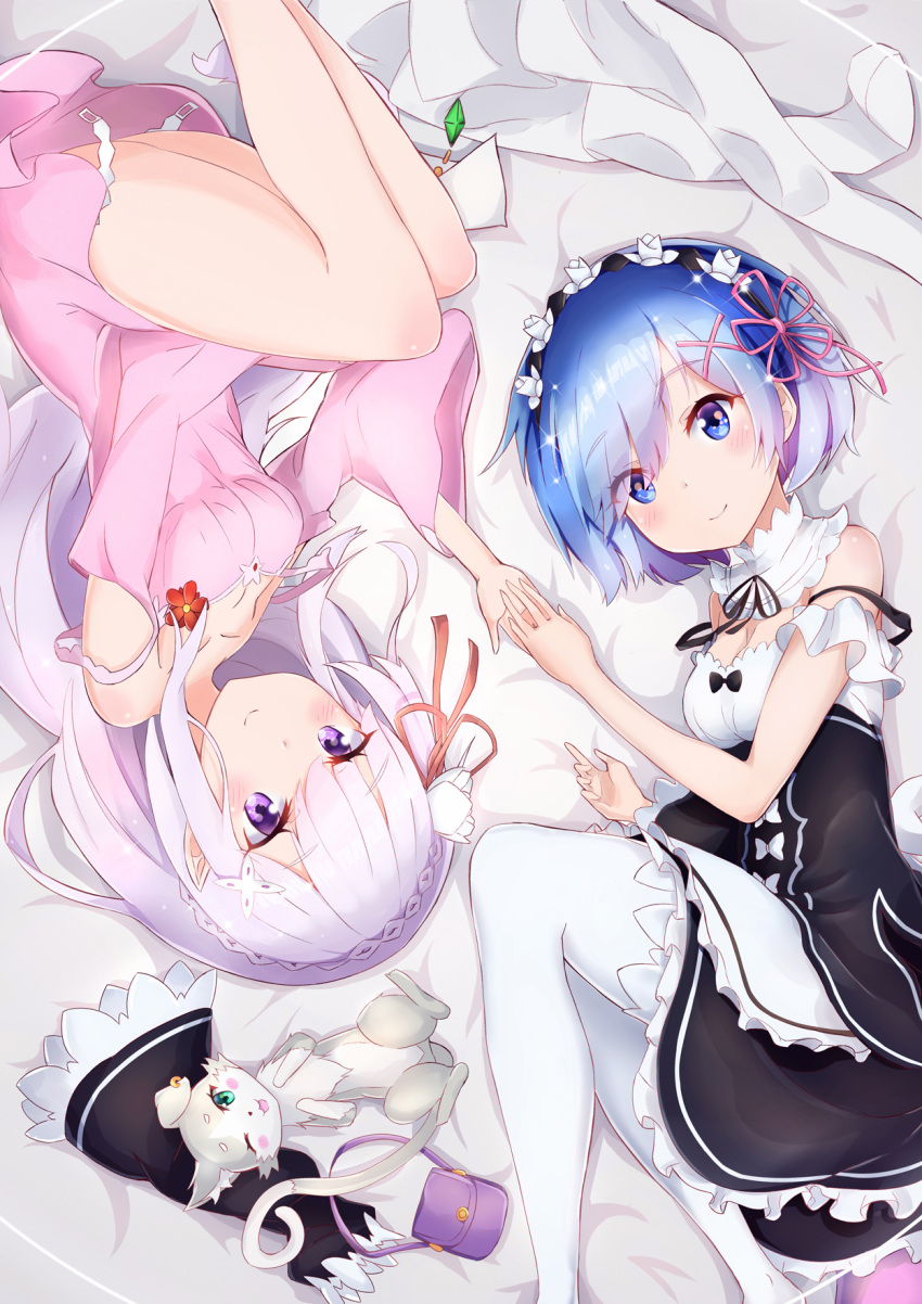 2girls bare_shoulders blue_hair blush braid breasts cat cleavage closed_mouth couch detached_sleeves dress emilia_(re:zero) eyebrows eyebrows_visible_through_hair flower french_braid frilled_sleeves frills green_eyes hair_flower hair_ornament hair_ribbon hand_holding highres long_hair looking_at_viewer maid maid_headdress medium_breasts multiple_girls open_mouth pack_(re:zero) pillow pointy_ears purple_dress purple_ribbon re:zero_kara_hajimeru_isekai_seikatsu red_ribbon rem_(re:zero) ribbon rotational_symmetry short_dress short_hair silver_hair sitting solo sylphine thigh-highs tied_hair violet_eyes white_legwear x_hair_ornament