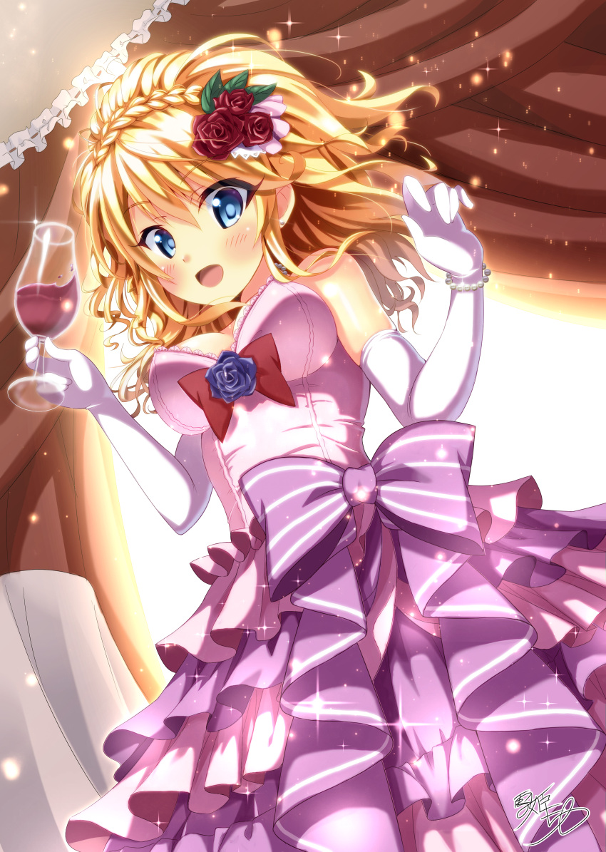 1girl absurdres blonde_hair blue_eyes cup dress drinking_glass elbow_gloves from_behind glasses gloves hair_flwoer highres holding holding_glasses indoors long_hair open_mouth original purple_dress red_flower signature soloi white_gloves wine_glass