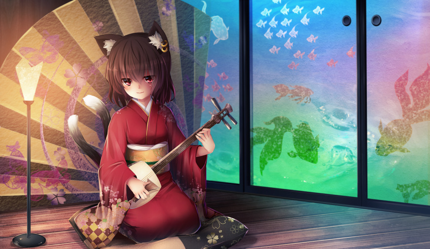 1girl alternate_costume animal_ears architecture brown_hair cat_ears cat_tail chen commentary_request cushion earrings east_asian_architecture fish_print floral_print goldfish_print instrument jewelry kakigouri lamp looking_at_viewer multiple_tails music playing_instrument red_eyes red_kimono seiza shamisen short_hair sitting sliding_doors smile solo tail touhou two_tails wide_sleeves wooden_floor