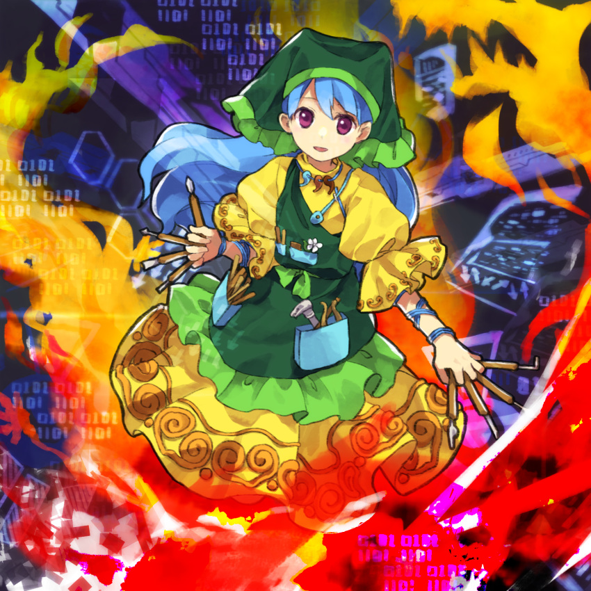1girl apron binary blue_hair commentary_request dress flat_chest flower frilled_apron frilled_sleeves frills green_apron green_headwear haniyasushin_keiki head_scarf highres holding jewelry kaigen_1025 long_hair looking_at_viewer magatama magatama_necklace necklace open_mouth puffy_short_sleeves puffy_sleeves short_sleeves single_strap smile solo tools touhou violet_eyes white_flower yellow_dress