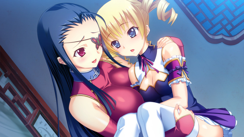 2girls ahoge arm_cuffs bare_shoulders black_hair blonde_hair blue_eyes blue_shirt blush body_offscreen breast_press breasts butterfly_print carrying cleavage detached_sleeves dress drill_hair dutch_angle eyebrows eyebrows_visible_through_hair eyepatch forehead frilled_skirt frills fringe game_cg hair_intakes indoors kakouton kantaka koihime_enbu koihime_musou long_hair long_sleeves looking_at_another medium_breasts multiple_girls night open_mouth pink_dress pink_eyes purple_skirt ribbon shirt skirt small_breasts sousou thigh-highs twin_drills twintails white_legwear zettai_ryouiki