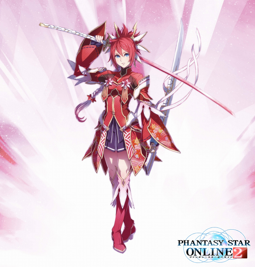1girl absurdres akikazu_mizuno blue_eyes boots braid fingerless_gloves full_body gloves hair_ornament highres holding holding_weapon japanese_clothes katana knee_boots logo long_hair looking_at_viewer phantasy_star phantasy_star_online_2 pink_background redhead serious simple_background single_braid skirt solo spoilers standing sword thigh-highs weapon weapon_bag wide_sleeves yasaka_hitsugi zettai_ryouiki