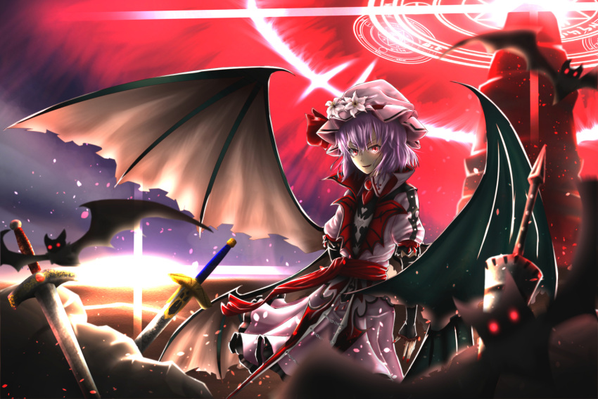 &gt;:) 1girl bat bat_wings brooch cowboy_shot crossover ea_(fate/stay_night) excalibur fate/stay_night fate_(series) flower hat hat_flower hat_ribbon high_collar highres jacket jewelry koumajou_densetsu looking_at_viewer magic_circle mob_cap multiple_wings open_clothes open_jacket parted_lips planted_sword planted_weapon purple_hair red_eyes red_ribbon remilia_scarlet ribbon sash short_hair smile solo sword touhou tower weapon white_jacket wings zakkuru_(zacky424)