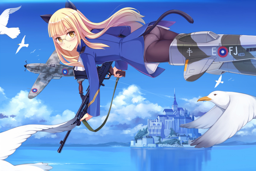 1girl aircraft airplane animal_ears ass bangs bird black_legwear blunt_bangs blush castle cat_ears cat_tail commentary_request flying glasses gun long_hair long_sleeves looking_at_viewer machine_gun military military_uniform ocean panties panties_under_pantyhose pantyhose perrine_h_clostermann seagull smile solo strike_witches striker_unit tail underwear uniform water weapon white_panties world_witches_series yellow_eyes yokaze_japan