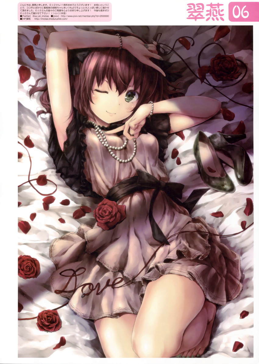 1girl absurdres arm_up barefoot black_ribbon brown_hair dress from_above green_eyes green_nails hair_ribbon highres jewelry long_hair lying nail_polish necklace on_back one_eye_closed original red_flower ribbon shoes_removed smile solo suien