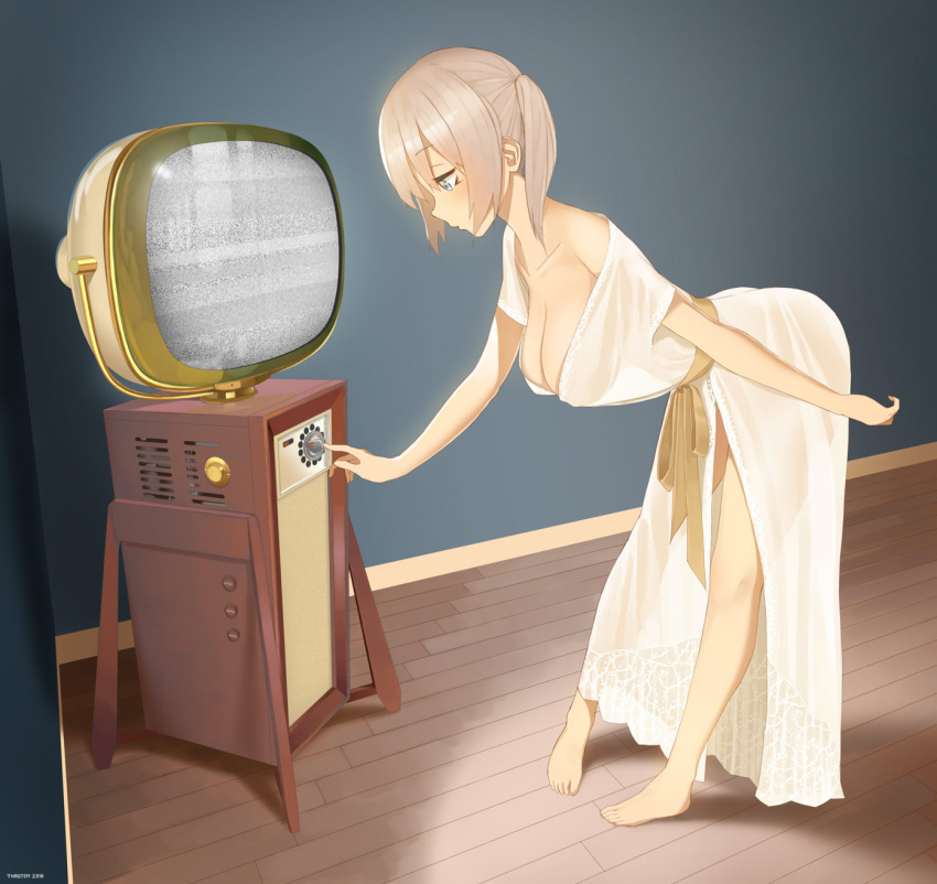 1girl ass bare_shoulders bent_over blue_eyes blush breasts cleavage grey_hair hanging_breasts highres large_breasts leaning_forward off_shoulder original robe see-through_silhouette solo standing television throtem twintails