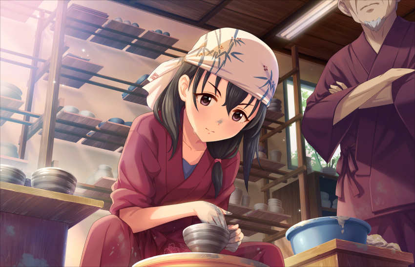 1boy 1girl artist_request bangs black_hair brown_eyes concentrating crossed_arms dirty_face faceless faceless_male fujiwara_hajime idolmaster idolmaster_cinderella_girls idolmaster_cinderella_girls_starlight_stage japanese_clothes official_art pottery short_hair solo_focus sweat