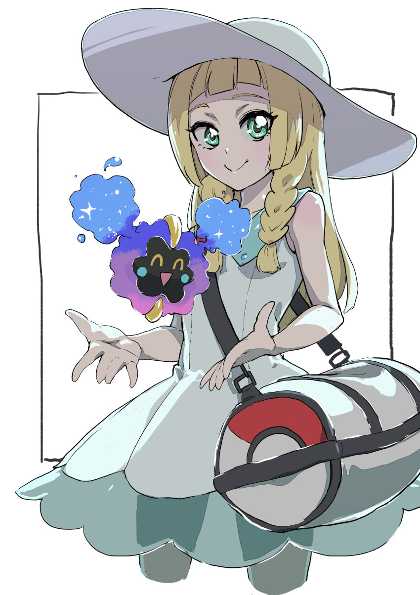 1girl absurdres ampr_3 bag blonde_hair braid cosmog dress duffel_bag green_eyes hat highres lillie_(pokemon) long_hair pokemon pokemon_(game) pokemon_sm see-through sleeveless sleeveless_dress sun_hat twin_braids white_dress white_hat