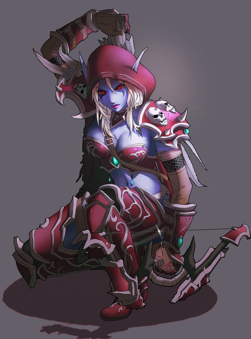1girl absurdres armor bow_(weapon) breasts elf highres pointy_ears red_eyes solo sylvanas_windrunner warcraft weapon white_hair world_of_warcraft yukiyo_(otca202)