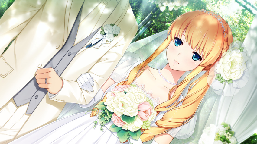 1boy 1girl alternate_hairstyle aqua_eyes arm_holding bethly_rose_daisley blonde_hair bouquet braid bridal_veil bride crown_braid dress drill_hair dutch_angle elbow_gloves flower game_cg gin'iro_haruka gloves groom hetero jewelry koizumi_amane light_smile out_of_frame puffy_short_sleeves puffy_sleeves ring short_sleeves side_ponytail sidelocks tiara veil wedding_band wedding_dress white_gloves