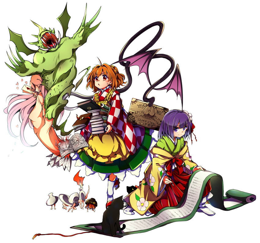 4girls absurdres apron baba_(baba_seimaijo) bell black_cat blue_fire book book_stack bow bowl bowl_hat brush cat character_name checkered clothes_writing commentary_request enenra evil_dragon_(touhou) fire floral_print flower forbidden_scrollery green_skirt hair_bell hair_flower hair_ornament hakama hat hieda_no_akyuu highres japanese_clothes kimono kneeling letter long_sleeves looking_to_the_side love_letter motoori_kosuzu multiple_girls orange_hair pink_hair purple_hair red_bow red_eyes sandals scroll short_hair skirt sukuna_shinmyoumaru tokkuri touhou transparent_background tsukumogami twintails violet_eyes white_legwear wide_sleeves yellow_apron