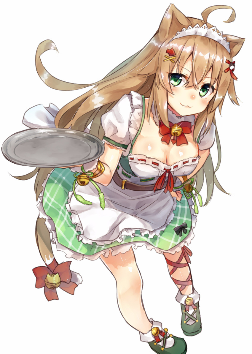 1girl :3 absurdres ahoge animal_ears ankle_ribbon apron bell belt blush bow bracelet breasts brown_hair cat_ears cat_tail enokorogusa_(flower_knight_girl) flower_knight_girl frills green_eyes green_skirt hair_ornament hairband hairclip highres holding holding_tray jewelry jingle_bell long_hair looking_at_viewer medium_breasts red_bow ribbon ruma_imaginary shoes skirt smile solo tail tail_bell tail_bow tray white_background