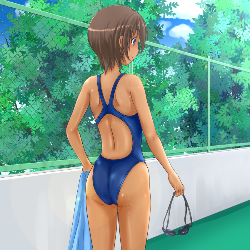 1girl ass blue_eyes blue_swimsuit brown_hair chain-link_fence competition_swimsuit fence from_behind goggles goggles_removed highleg highleg_swimsuit highres one-piece_swimsuit original short_hair standing swimsuit tan towel tree yonesuke_(yonesukesuke)