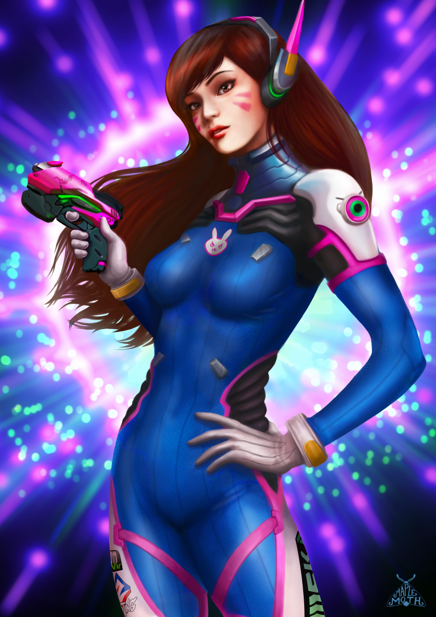 1girl absurdres artist_name bangs blue_background bodysuit bracer breasts brown_eyes brown_hair bunny_print clothes_writing cowboy_shot d.va_(overwatch) explosion facepaint facial_mark finger_on_trigger gloves gun hand_on_hip handgun headphones high_collar highres holding holding_gun holding_weapon leonie_carey lips long_hair medium_breasts meka_(overwatch) nose overwatch parted_lips pilot_suit pink_lips pistol realistic ribbed_bodysuit shoulder_pads signature skin_tight solo swept_bangs watermark weapon whisker_markings white_gloves