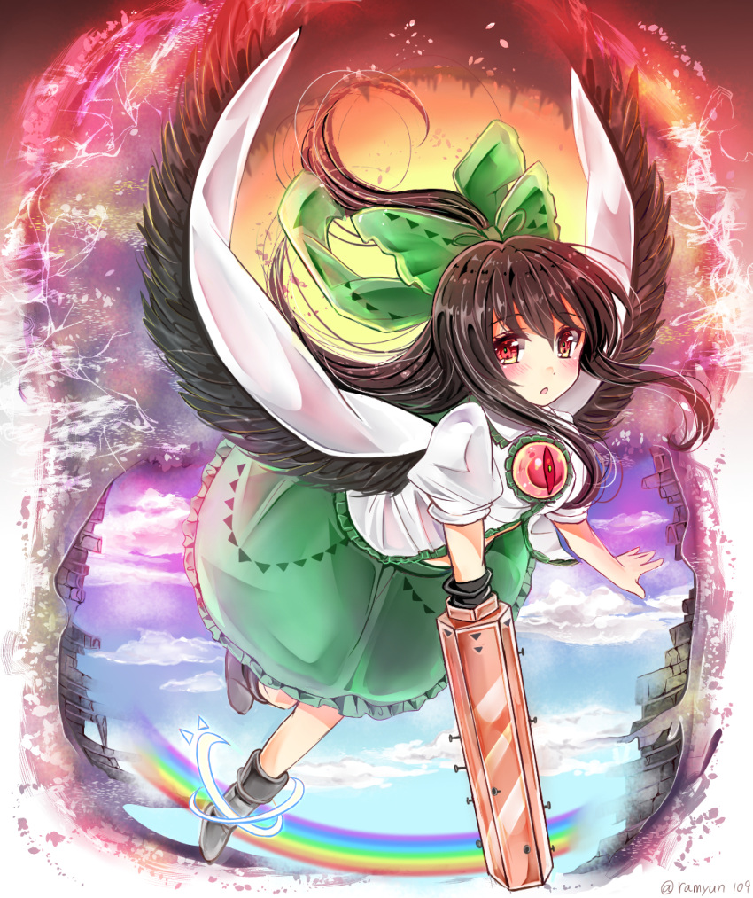 1girl black_hair black_wings blue_sky blush boots bow cape clouds day feathered_wings frilled_shirt frilled_skirt frills full_body green_bow green_skirt grey_boots hair_between_eyes hair_bow half_updo highres long_hair looking_at_viewer open_clothes open_shirt orange_eyes ponytail puffy_short_sleeves puffy_sleeves rainbow ramudia_(lamyun) reiuji_utsuho shirt short_sleeves skirt sky solo third_eye touhou twitter_username white_cape white_shirt wings
