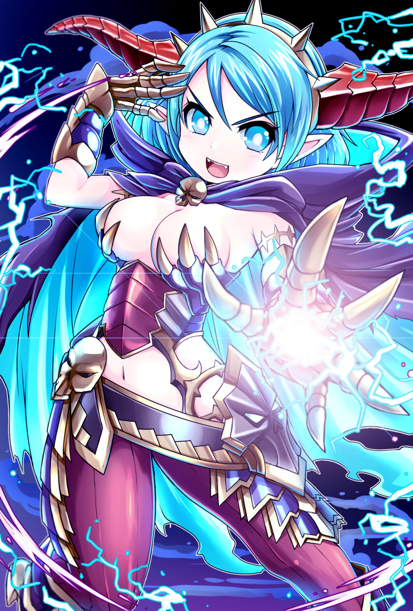 &gt;:d 1girl :d blue_eyes blue_hair blush breasts cape cleavage fangs foreshortening gauntlets grida_(p&amp;d) highres horns large_breasts magic navel open_mouth pikomarie pointy_ears puzzle_&amp;_dragons short_hair skull smile