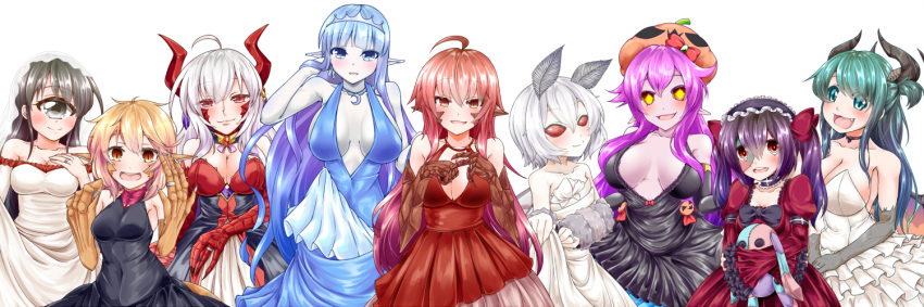6+girls :d actia_(monster_musume) ahoge ai_(monster_musume) akahito_(kemoyuru) antennae asia_(monster_musume) bare_shoulders black_eyes black_hair blonde_hair blue_eyes blue_hair breasts breasts_apart chione_(monster_musume) choker claws cleavage cowboy_shot cyclops dina_(monster_musume) dragon_girl dragon_horns dragon_tail dress eyebrows eyebrows_visible_through_hair fang gargoyle gradient_hair green_eyes green_hair horns horo_(monster_musume) insect_girl jack-o'-lantern jewelry large_breasts liza_(monster_musume) lizard_girl lizard_tail long_hair medium_breasts monster_girl monster_musume_no_iru_nichijou monster_musume_no_iru_nichijou_online moth_girl multicolored_hair multiple_girls one-eyed open_mouth orange_eyes pink_skin pointy_ears purple_hair ran_(monster_musume) red_eyes redhead ring sala_(monster_musume) salamander scales short_hair simple_background sleeveless small_breasts smile stitches stuffed_animal stuffed_bunny stuffed_toy tail twintails undine very_long_hair wedding_dress wedding_ring white_background white_hair white_skin wings zombie