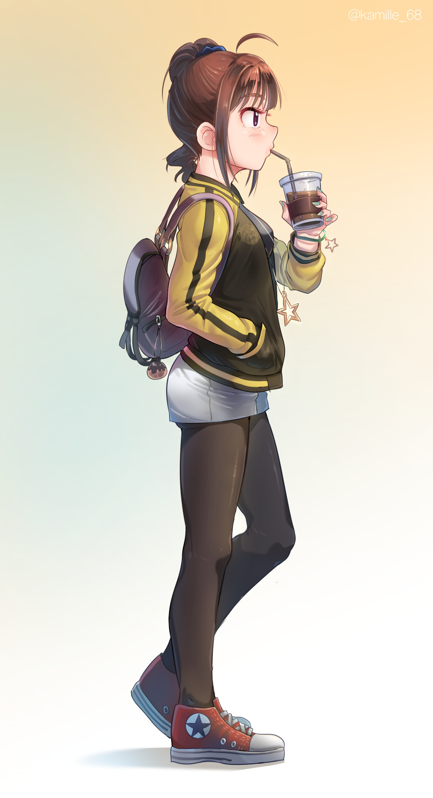 1girl absurdres ahoge backpack bag bangs bear_print black_legwear blush brown_hair converse drinking drinking_straw eyebrows eyebrows_visible_through_hair from_side gradient gradient_background green_background green_nails hand_in_pocket highres idolmaster idolmaster_million_live! jacket jewelry kamille_(vcx68) letterman_jacket nail_polish necklace orange_background pantyhose plastic_cup red_shoes scrunchie shadow shoes short_shorts shorts side_ponytail simple_background sneakers solo standing star_necklace sukajan violet_eyes white_background wristband yokoyama_nao