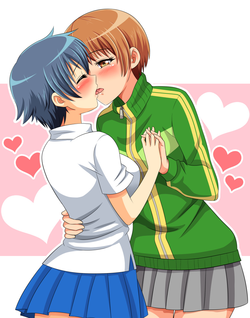 2girls absurdres blue_hair blue_skirt blush brown_eyes brown_hair closed_eyes cowboy_shot french_kiss green_jacket grey_skirt hand_holding heart heart_background highres interlocked_fingers jacket karis-coba kiss long_sleeves multiple_girls persona persona_4 pink_background satonaka_chie shirogane_naoto shirt short_hair short_sleeves skirt tongue tongue_out track_jacket turtleneck white_shirt yuri zipper