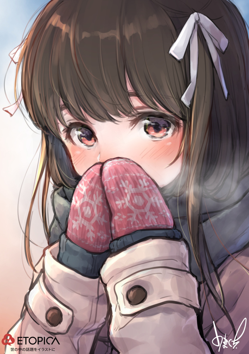1girl absurdres blush breath brown_eyes brown_hair close-up coat covering_mouth face hair_ribbon highres long_hair looking_at_viewer mittens original ribbon scarf solo two_side_up umakuchi_shouyu_(into-rain) upper_body
