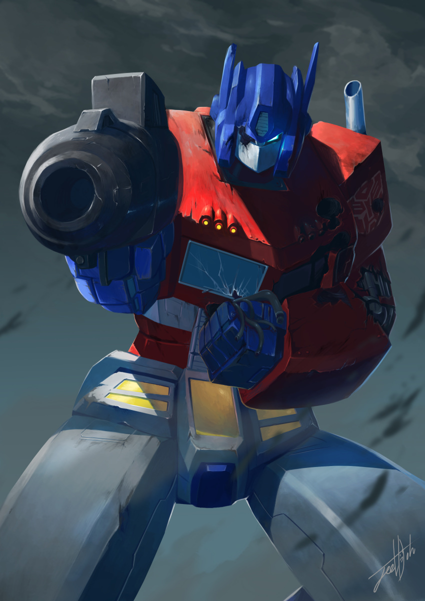 absurdres aiming_at_viewer angry artist_request autobot beam_rifle bullet_hole cable clouds damaged energy_cannon energy_gun highres insignia jeetdoh looking_at_viewer mecha no_humans one-eyed optimus_prime realistic robot science_fiction signature spoilers transformers weapon