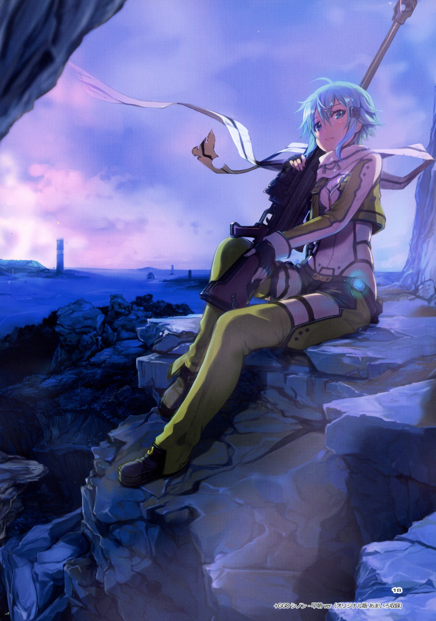 1girl absurdres aqua_hair blue_eyes breasts carrying_over_shoulder chaps clenched_hand clouds cropped_jacket evening fingerless_gloves forest full_body gloves glowing gun hair_ornament hairclip highres jacket long_sleeves looking_at_viewer mikazuki_akira! nature outdoors pgm_hecate_ii rifle rock scan scan_artifacts scarf shinon_(sao) short_hair short_shorts shorts sitting sniper_rifle solo sword_art_online twilight weapon