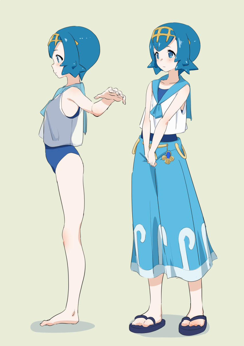 1girl baggy_pants barefoot blue_eyes blue_hair capri_pants from_side hairband highres multiple_views outstretched_arms pants pokemon pokemon_(game) pokemon_sm sailor_collar sandals short_hair sleeveless spread_arms suiren_(pokemon) swimsuit swimsuit_under_clothes telephoto white_background