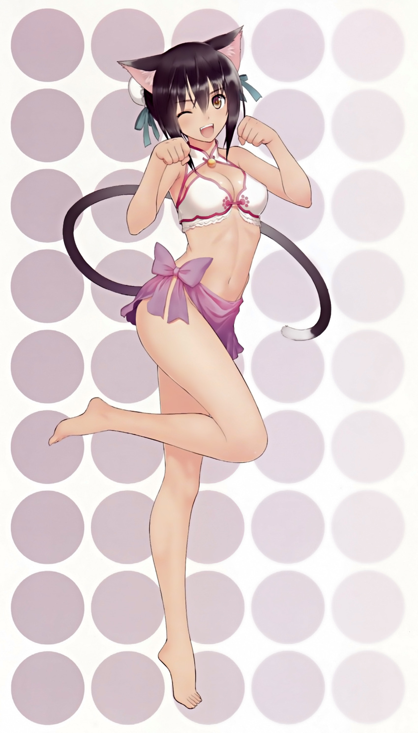1girl absurdres animal_ears bikini_top black_hair breasts brown_eyes bun_cover cat_ears cat_tail cleavage highres leg_lift long_legs medium_breasts one_eye_closed open_mouth paw_pose sarong scan scan_artifacts shaomei_rin shining_(series) shining_hearts short_hair simple_background smile solo swimsuit tail tanaka_takayuki