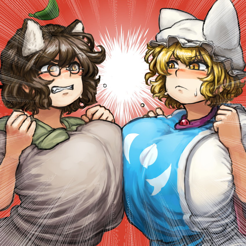 2girls animal_ears bangs black-framed_eyewear blonde_hair blush breast_press breasts brown_eyes brown_hair chanta_(ayatakaoisii) clenched_hands clenched_teeth emphasis_lines eye_contact face-to-face fighting frown futatsuiwa_mamizou hair_ornament hat highres huge_breasts leaf_hair_ornament looking_at_another multiple_girls pillow_hat raccoon_ears shirt short_hair sweat tabard teeth touhou upper_body yakumo_ran yellow_eyes