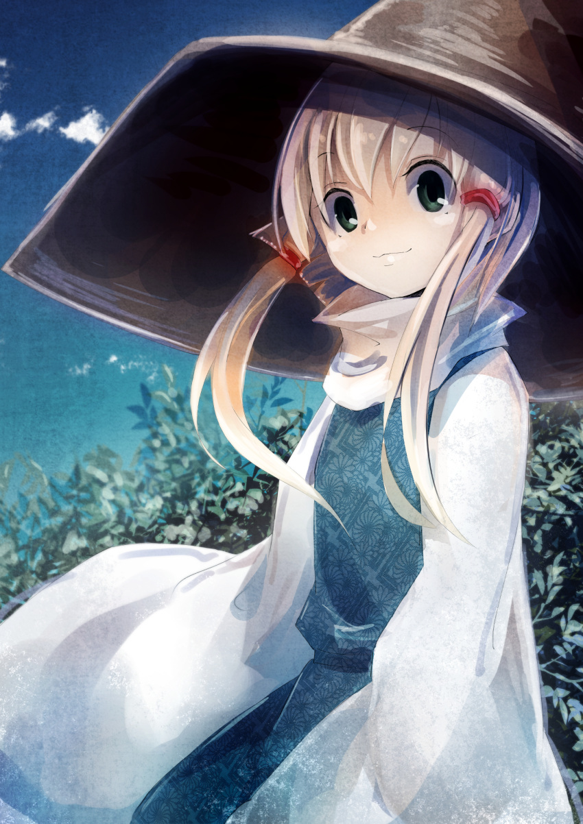 1girl blonde_hair blue_eyes blue_skirt blue_vest closed_mouth cowboy_shot day floral_print from_side hair_ribbon hat highres long_sleeves looking_at_viewer looking_to_the_side mankun moriya_suwako outdoors plant red_ribbon ribbon sidelocks skirt skirt_set sky smile solo touhou tress_ribbon vest wide_sleeves