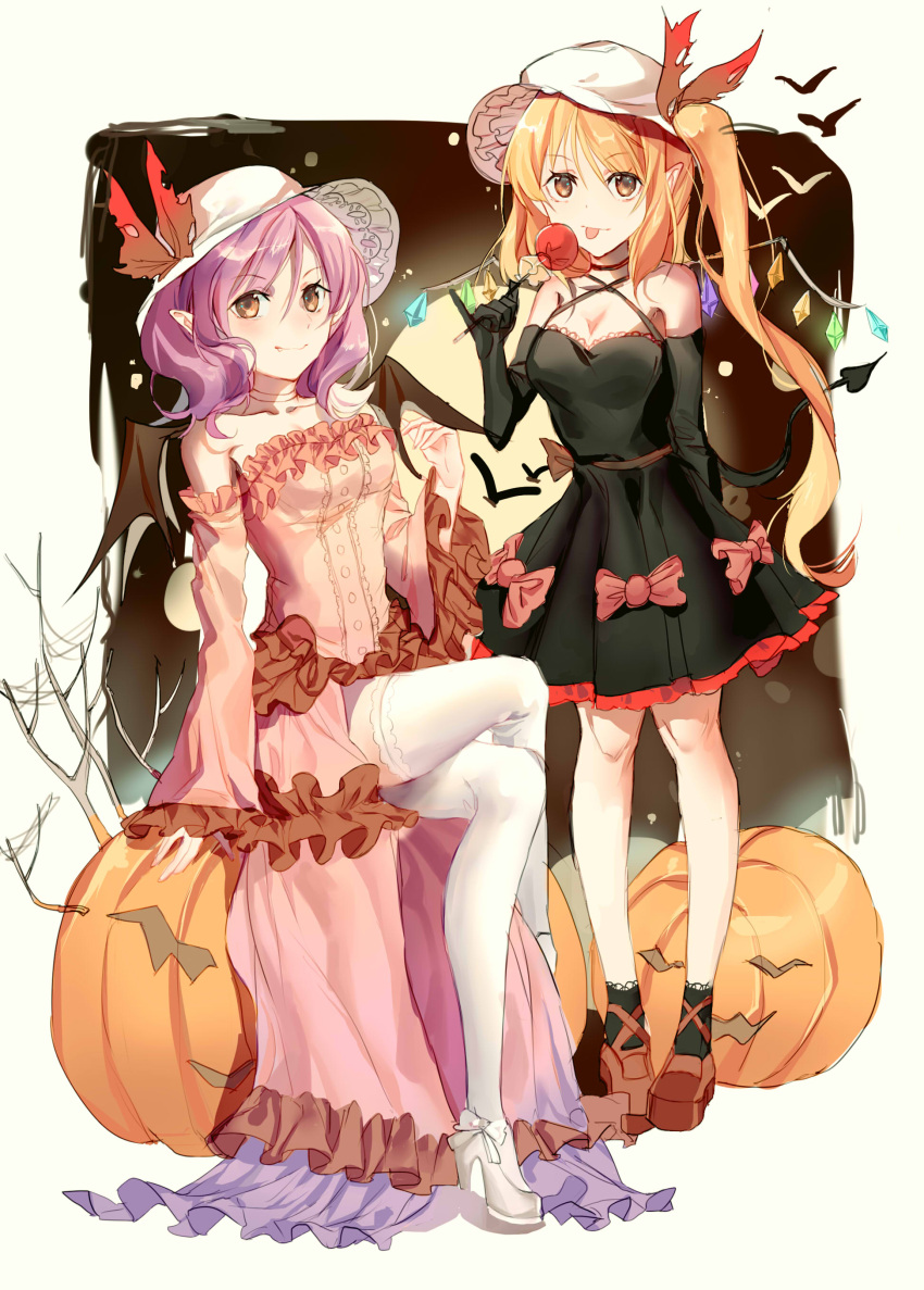 2girls absurdres bare_shoulders bat_wings black_dress black_gloves black_legwear blonde_hair bow brown_eyes choker collarbone criss-cross_halter crystal detached_sleeves dress elbow_gloves eyebrows eyebrows_visible_through_hair fang fang_out flandre_scarlet frilled_dress frilled_legwear frilled_sleeves frills full_moon gloves glowing halloween halter_top halterneck hat hat_bow hat_ribbon high_heels highres iuyu jack-o'-lantern long_hair looking_at_viewer moon multiple_girls pink_bow pink_dress platform_footwear pointy_ears pumpkin purple_hair red_bow red_ribbon red_shoes remilia_scarlet ribbon shoes side_ponytail smile strapless strapless_dress tongue tongue_out torn_ribbon touhou white_hat white_legwear white_shoes wide_sleeves wings yellow_eyes